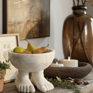 Feet Base Bowl by Subyaas – Handcrafted white marble bowl with elevated feet base, polished finish, and unique natural marble veins, luxury home décor.