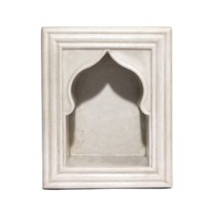 Hand-carved Mughal arched marble niche by Subyaas, made from natural Rajsamand marble, used as diya holder or wall shrine, luxury Indian home décor.