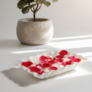 Handcrafted decorative marble plate with scalloped edges, made from 100% natural white marble, perfect for home décor, centerpiece, or festive display."