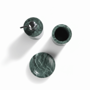 Handcrafted green marble bath accessories set with soap dispenser, tumbler and soap dish for luxury modern bathrooms