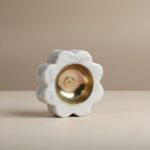 Handcrafted Daisy Marble Brass Diya by Subyaas – white marble base with daisy-shaped brass bowl, luxury Indian home décor, perfect for pooja and gifting.xury Home Décor