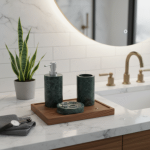 Handcrafted green marble bath accessories set with soap dispenser, tumbler and soap dish for luxury modern bathrooms