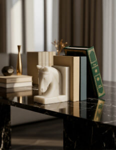 Luxury white marble horse bookend used as decorative and functional book support for home library and office study
