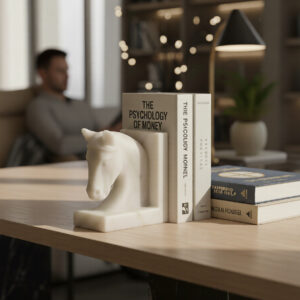 Marble horse shape traditional bookend handcrafted from white marble, luxury Indian art sculpture for home décor, office and study shelves