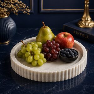 Subyaas Handcrafted White Marble Decorative Tray | Luxury Round Coffee Table Tray | Premium Vanity & Ottoman Marble Tray | Natural Marble Home Decor